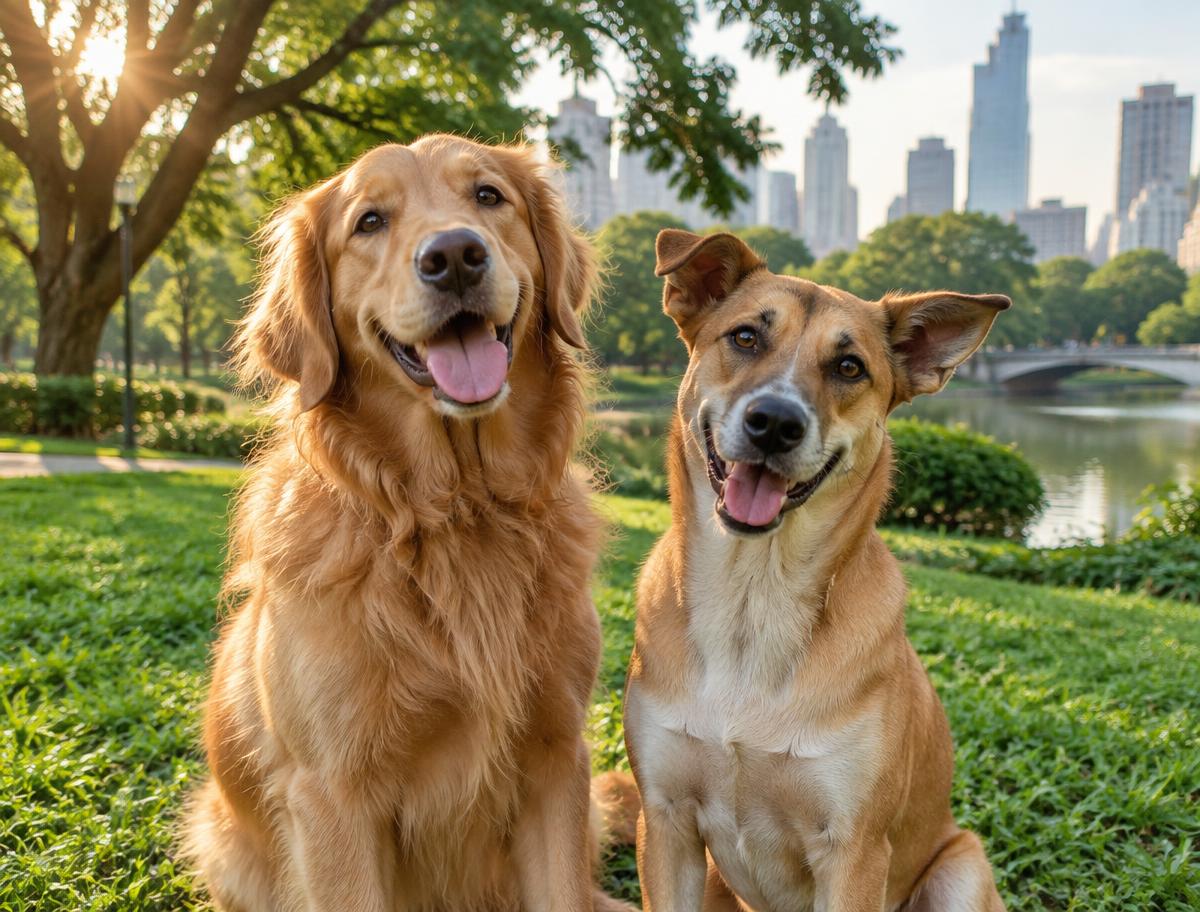 Two rescued dogs enjoying a Bangkok park